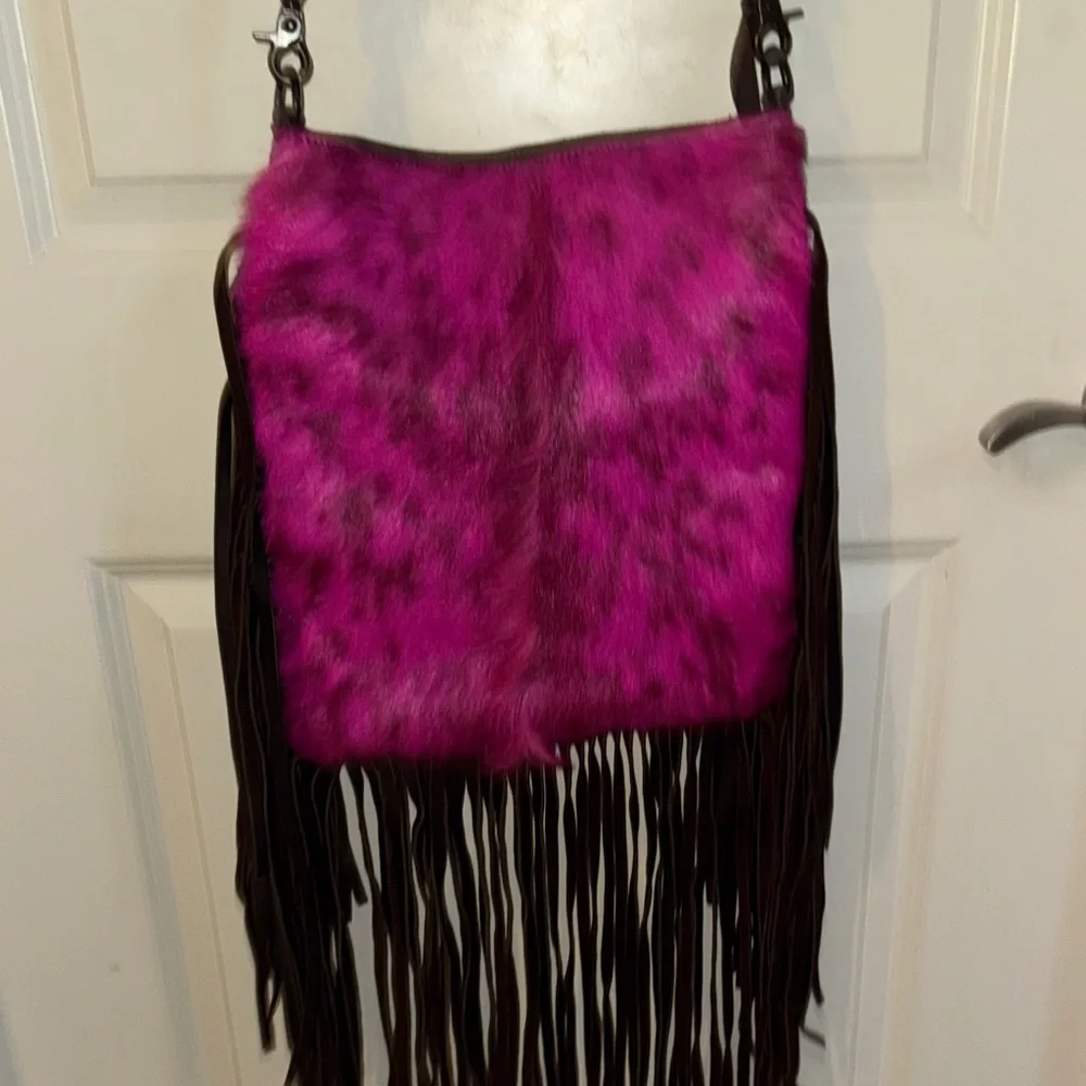 American Darling Fushia Hair on Cowhide Fringe Crossbody -Made in the USA - Picture 3 of 7